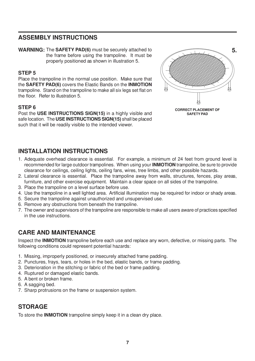 Stamina Products 35-1625DW owner manual Installation Instructions, Care and Maintenance, Storage 