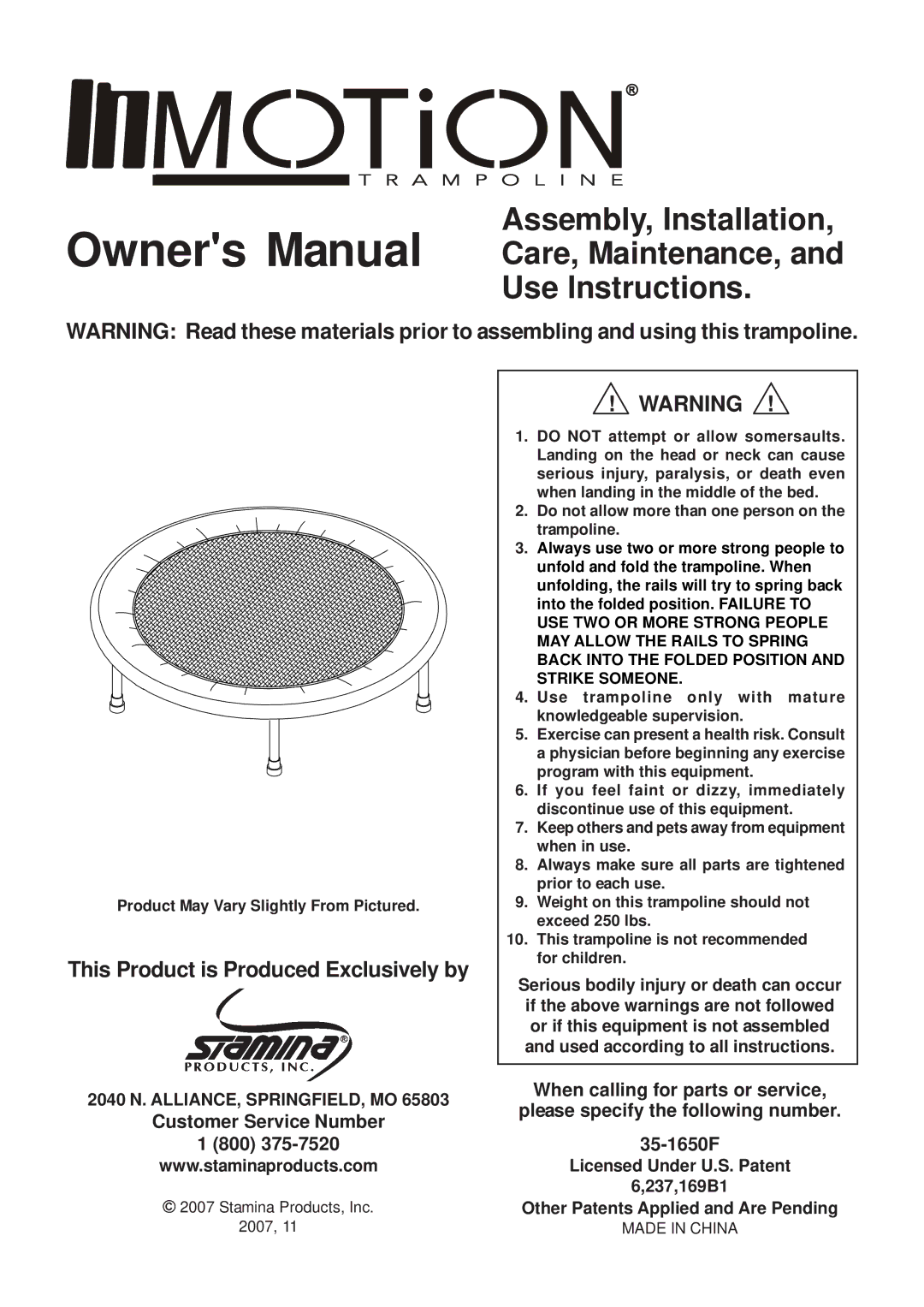 Stamina Products 35-1650F owner manual This Product is Produced Exclusively by, Customer Service Number 800 