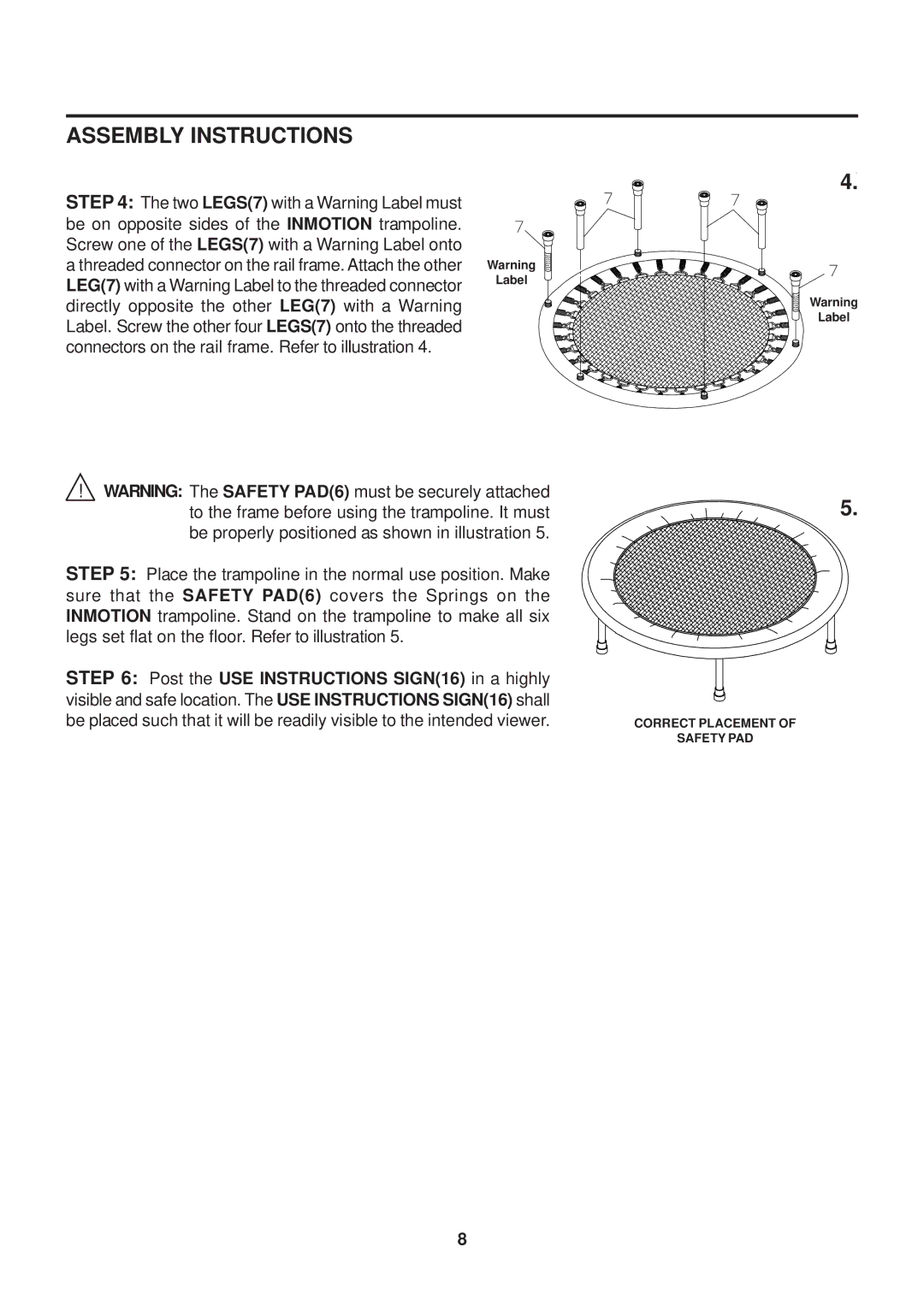 Stamina Products 35-1650F owner manual Correct Placement Safety PAD 