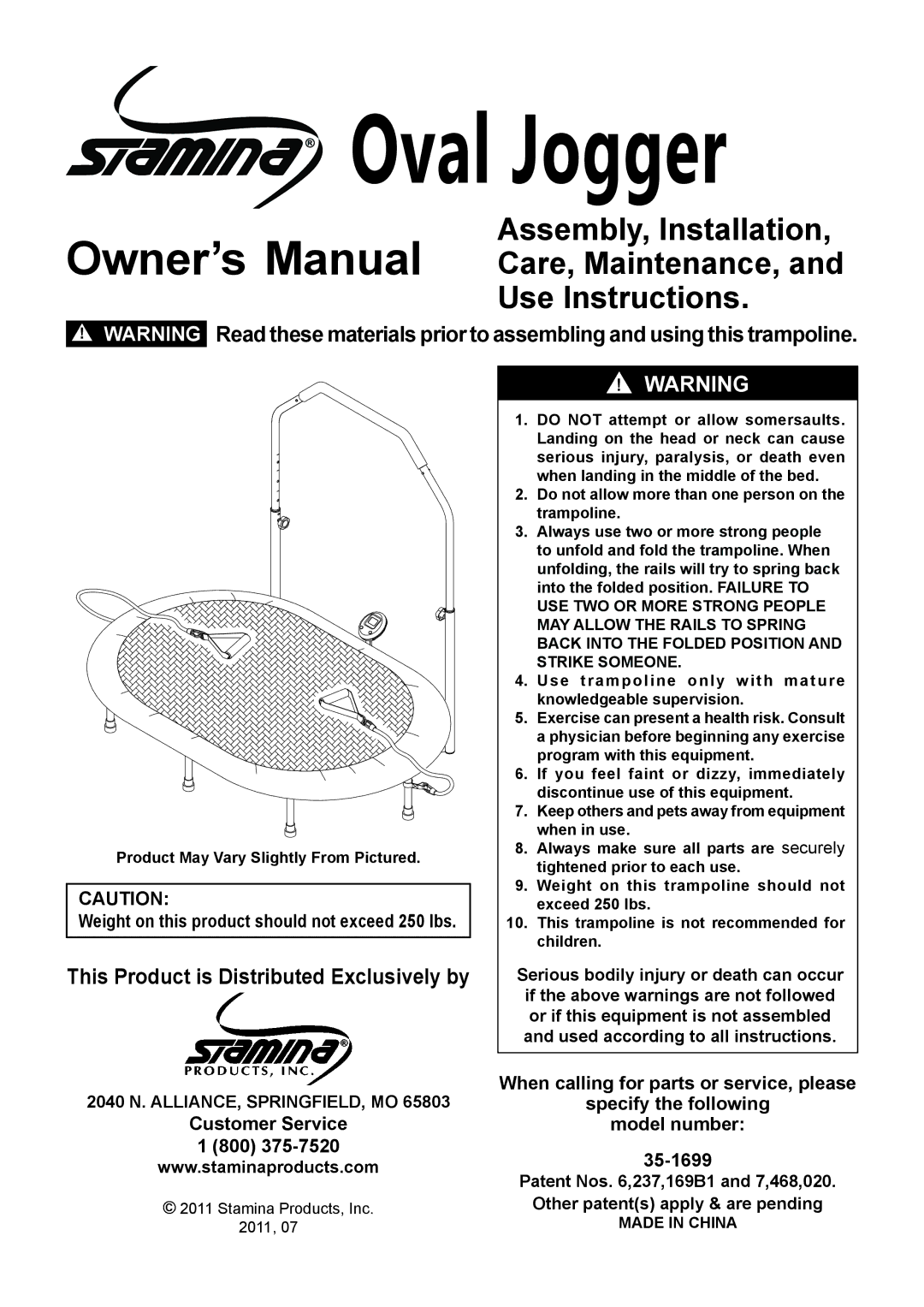 Stamina Products 35-1699 owner manual Assembly, Installation Use Instructions 