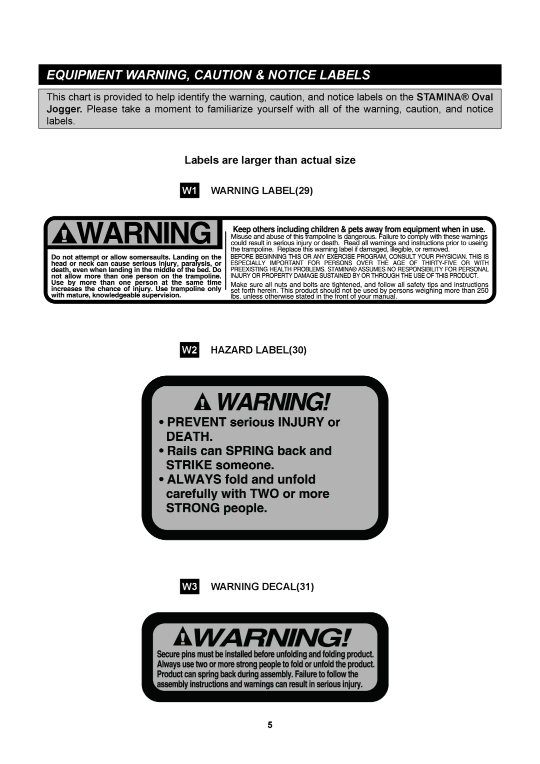 Stamina Products 35-1699 owner manual Equipment WARNING, Caution & Notice Labels 