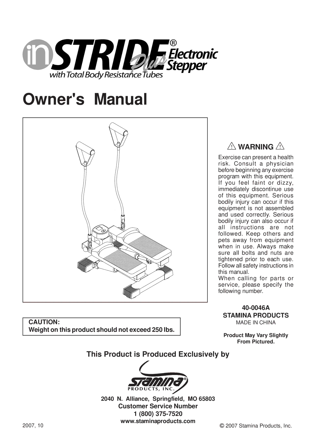 Stamina Products 40-0046A owner manual Weight on this product should not exceed 250 lbs, Stamina Products 