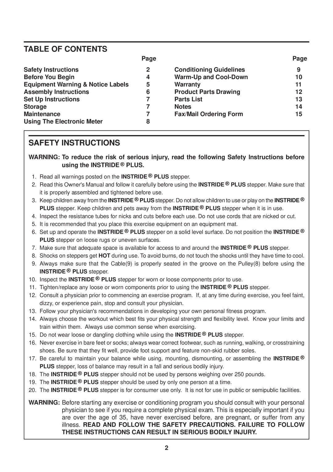 Stamina Products 40-0046A owner manual Table of Contents, Safety Instructions 