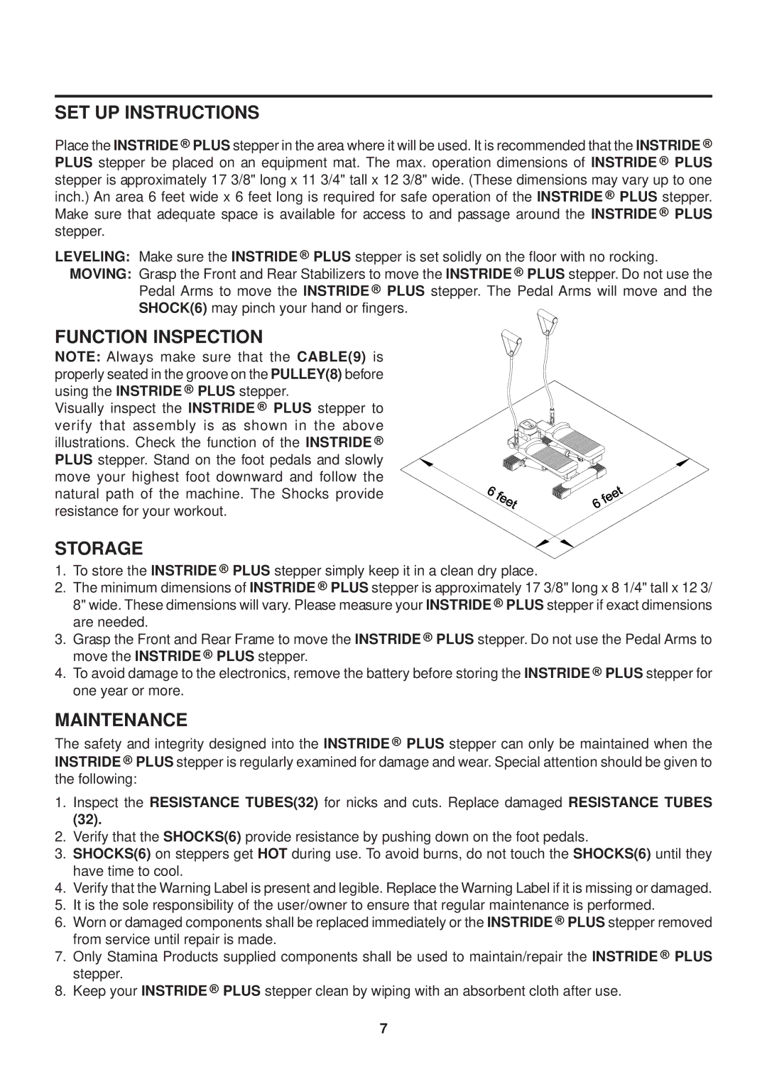 Stamina Products 40-0046A owner manual SET UP Instructions, Function Inspection, Storage, Maintenance 