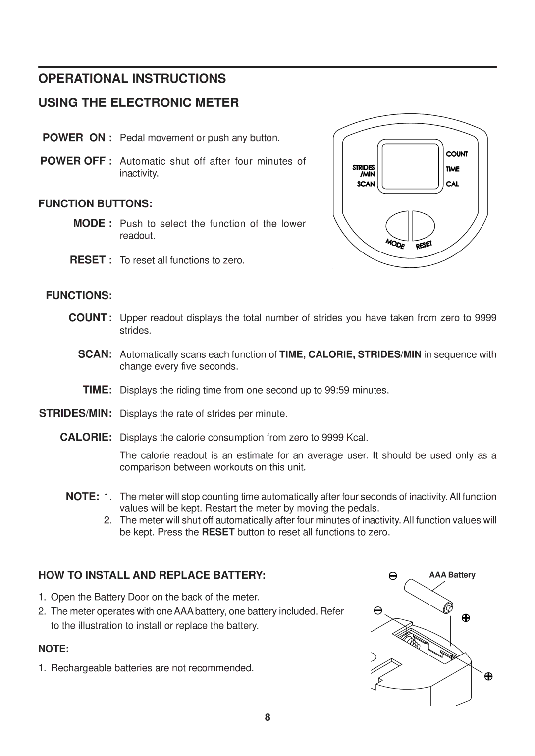 Stamina Products 40-0046A owner manual Operational Instructions Using the Electronic Meter, Function Buttons, Functions 