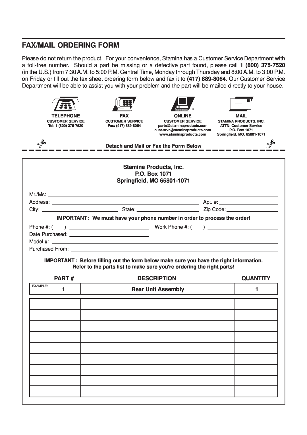 Stamina Products 40-0046A owner manual Fax/Mail Ordering Form, Stamina Products, Inc P.O. Box Springfield, MO, Description 