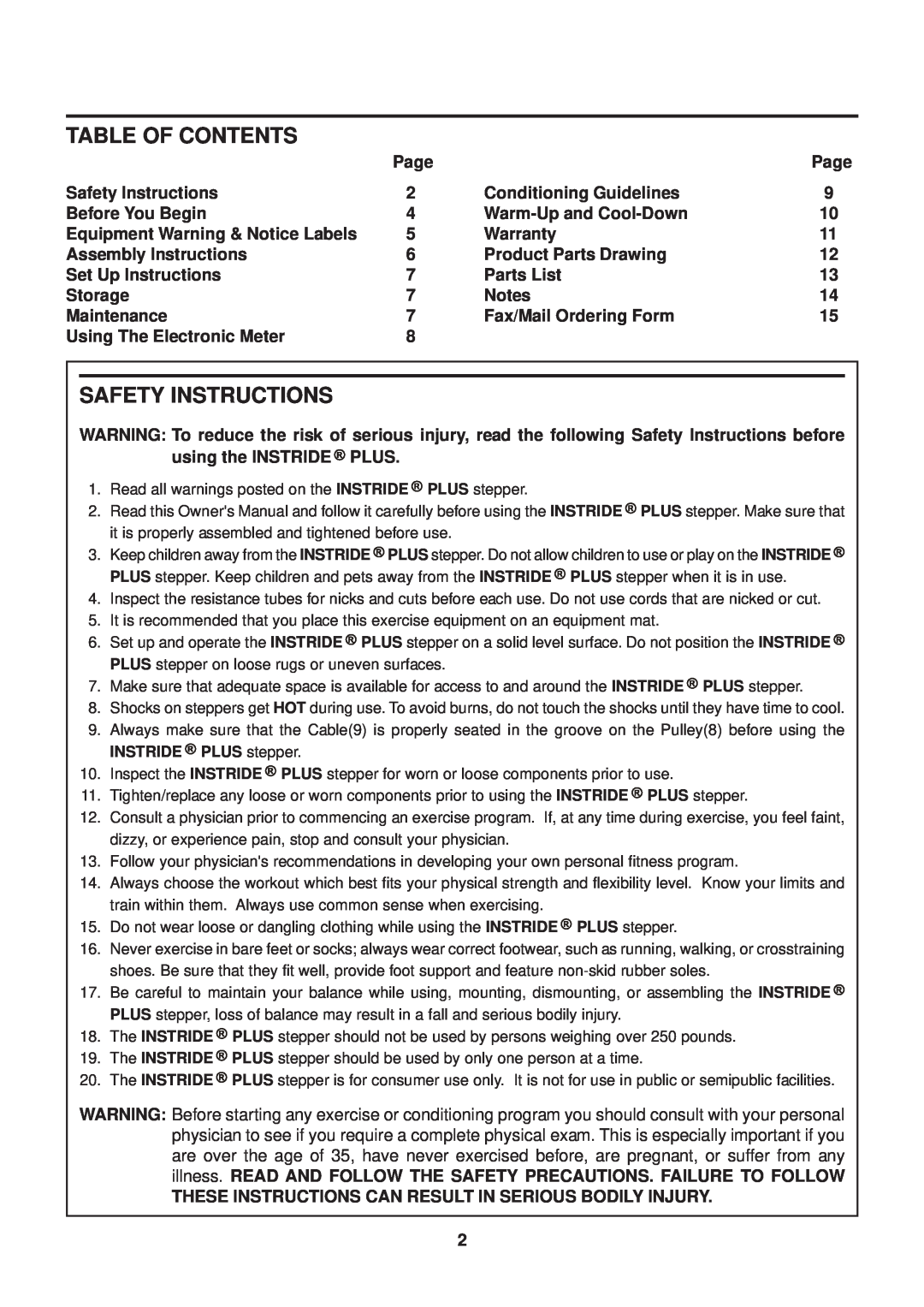 Stamina Products 40-0046A owner manual Table Of Contents, Safety Instructions 