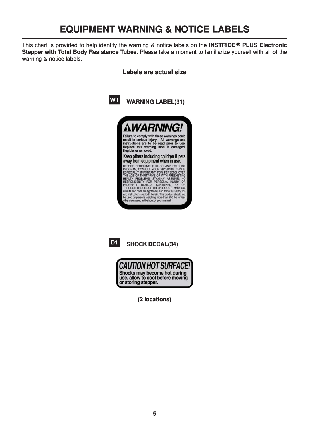 Stamina Products 40-0046A owner manual Equipment Warning & Notice Labels, Labels are actual size 