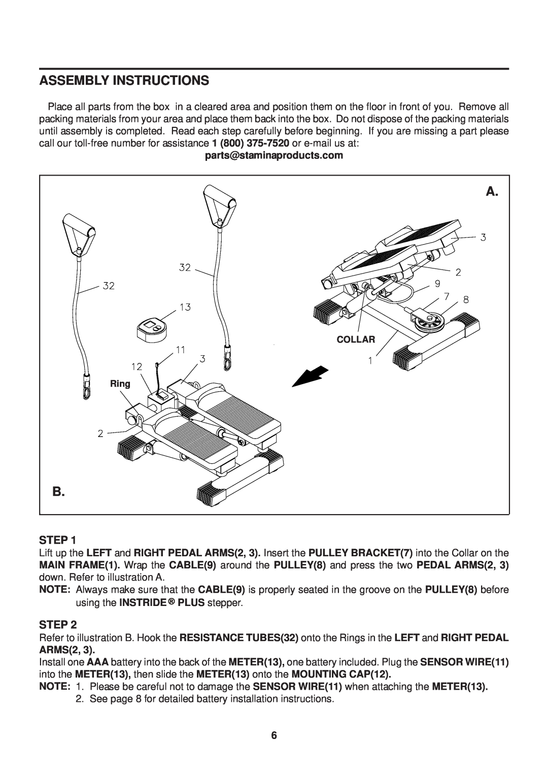 Stamina Products 40-0046A owner manual Assembly Instructions, Step, parts@staminaproducts.com, ARMS2 
