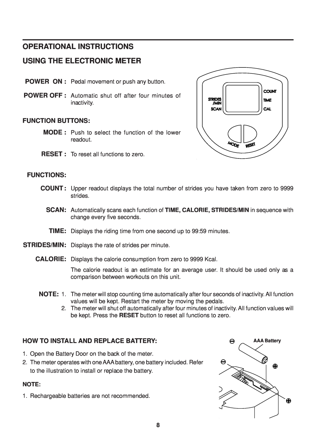 Stamina Products 40-0046A owner manual Operational Instructions Using The Electronic Meter, Function Buttons, Functions 