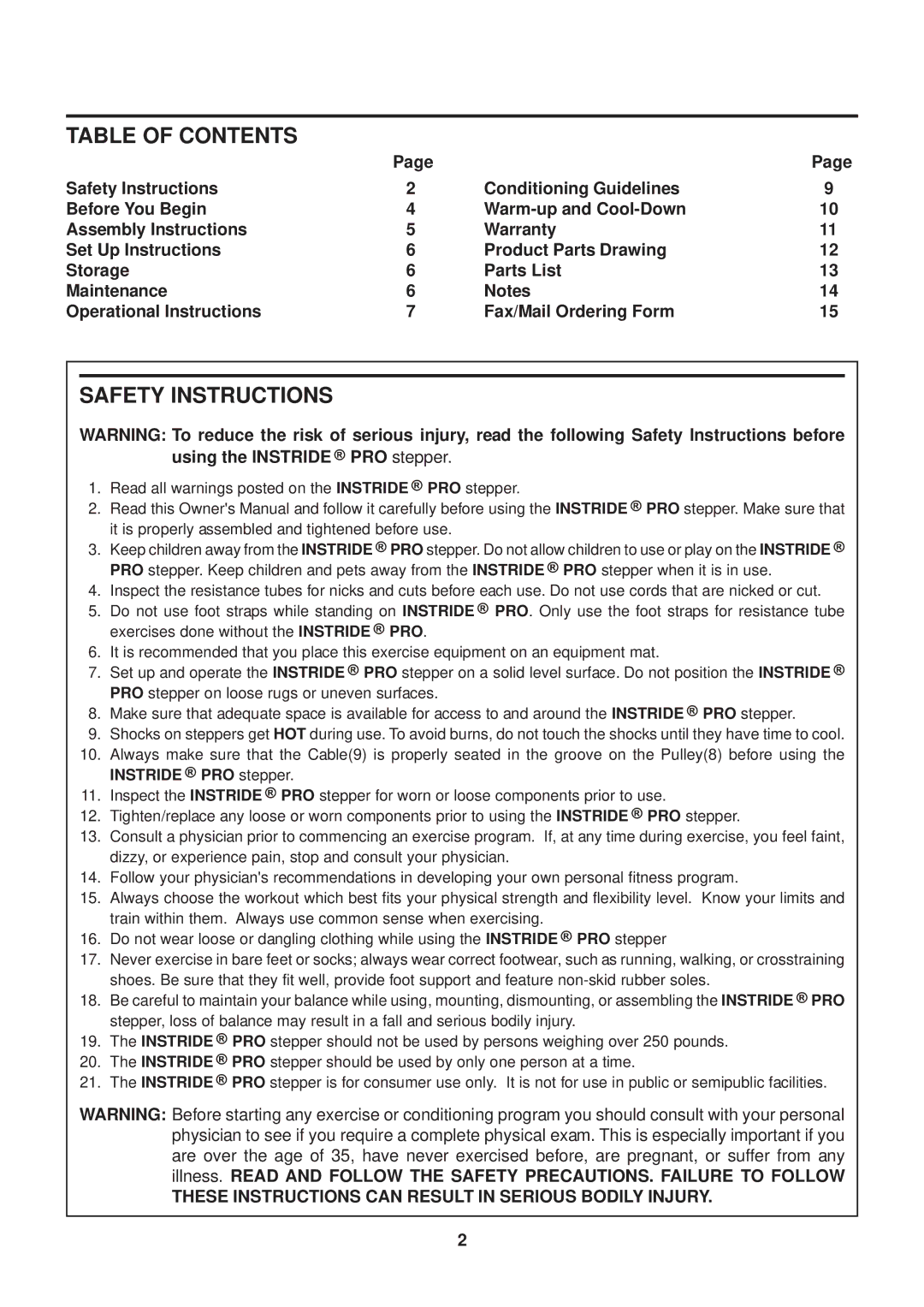 Stamina Products 40-0048 owner manual Table of Contents, Safety Instructions 