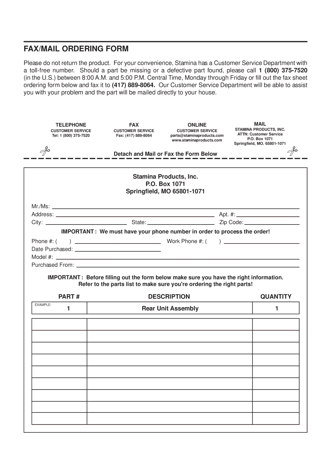 Stamina Products 40-0069 owner manual FAX/MAIL Ordering Form, Telephone FAX Online Mail 