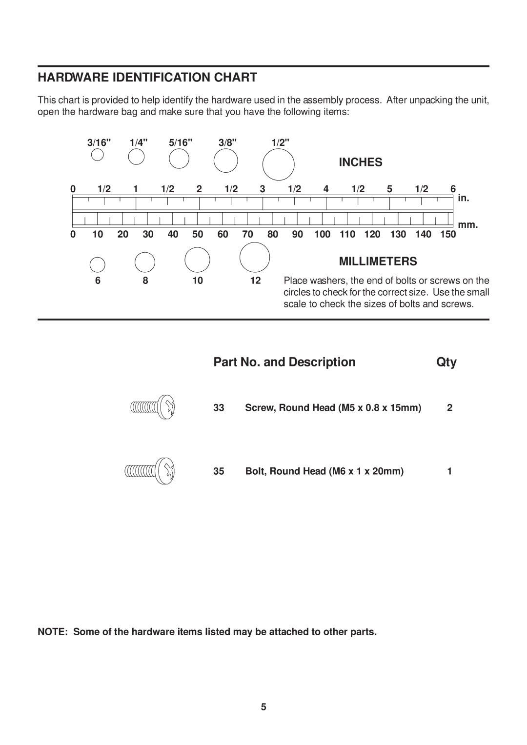 Stamina Products 40-0069 owner manual Hardware Identification Chart, Millimeters 