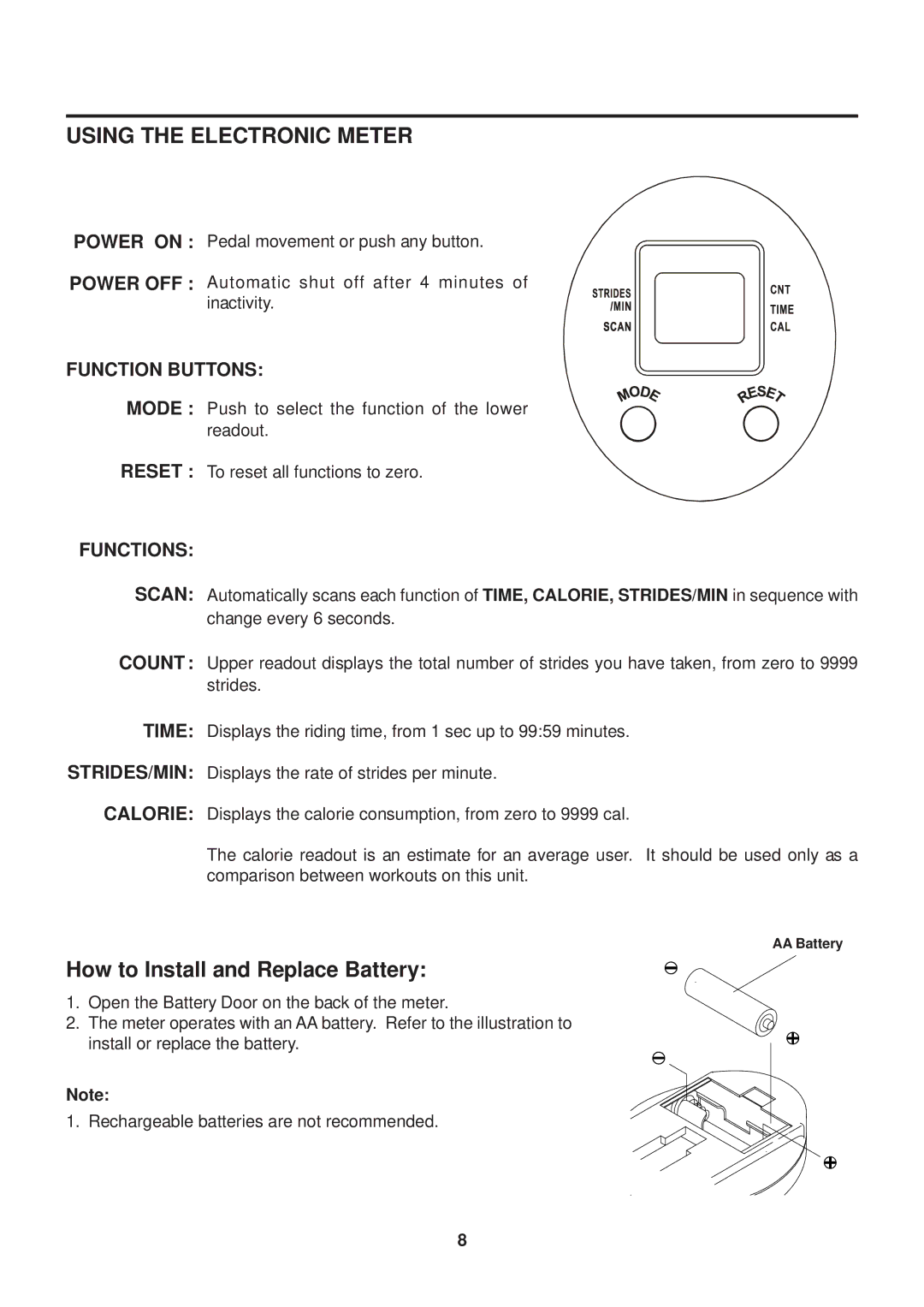 Stamina Products 40-0069 owner manual Using the Electronic Meter, Function Buttons, Functions 