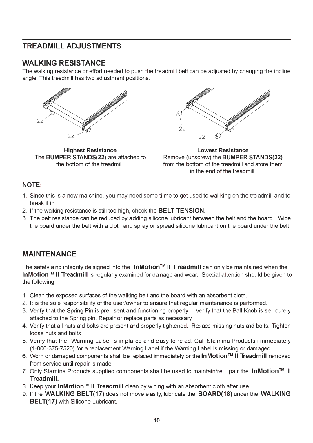 Stamina Products 45-1002B owner manual Treadmill Adjustments Walking Resistance, Maintenance 