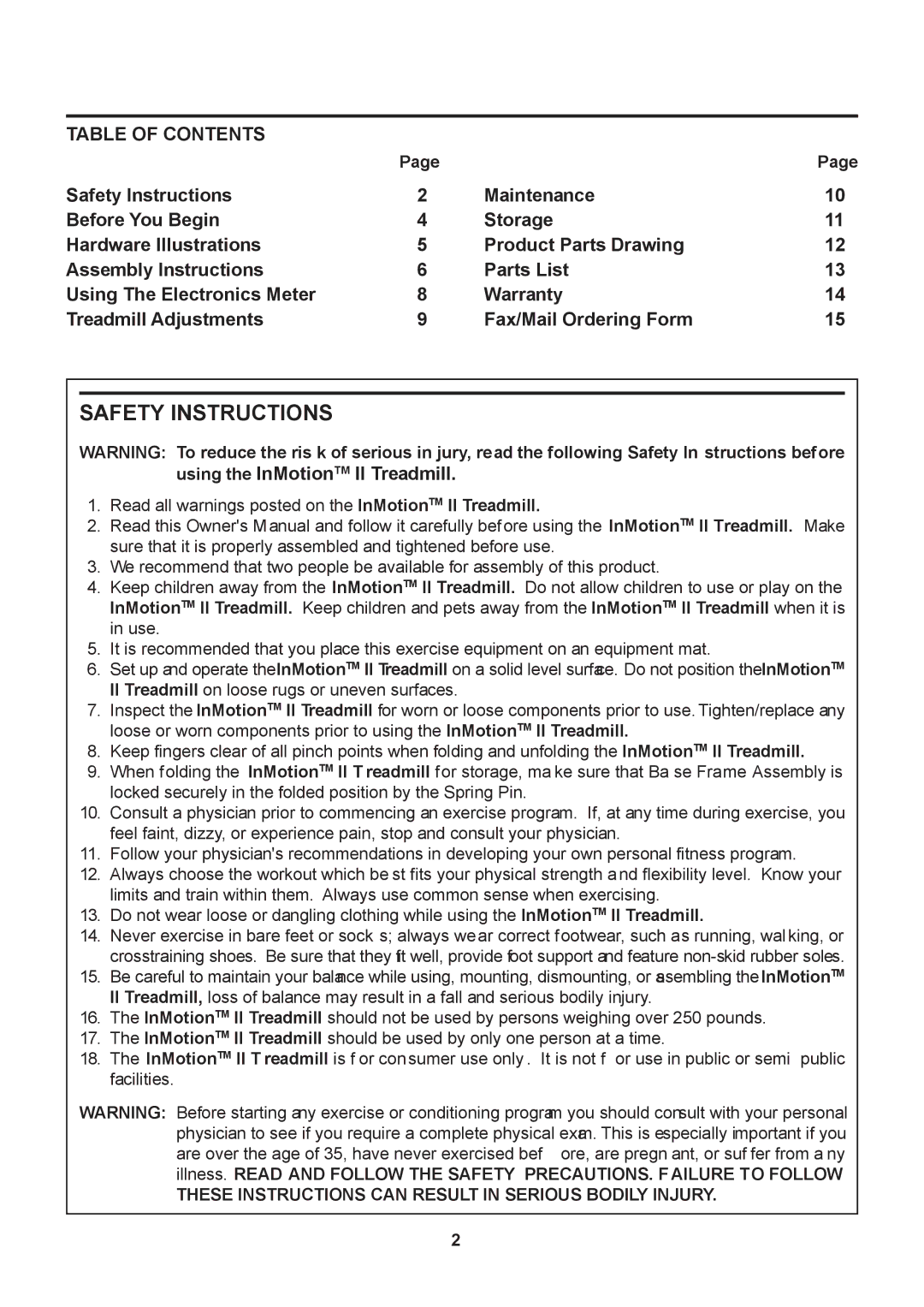 Stamina Products 45-1002B owner manual Safety Instructions, Table of Contents 