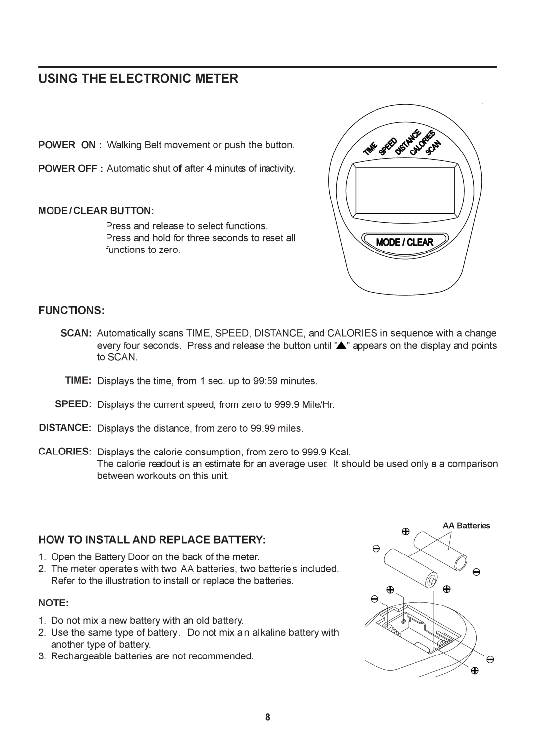 Stamina Products 45-1002B owner manual Using the Electronic Meter, Functions, HOW to Install and Replace Battery 