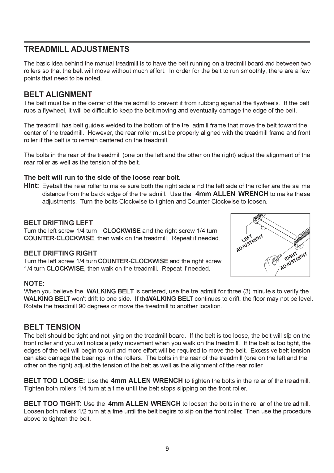 Stamina Products 45-1002B Treadmill Adjustments, Belt Alignment, Belt Tension, Belt Drifting Left, Belt Drifting Right 