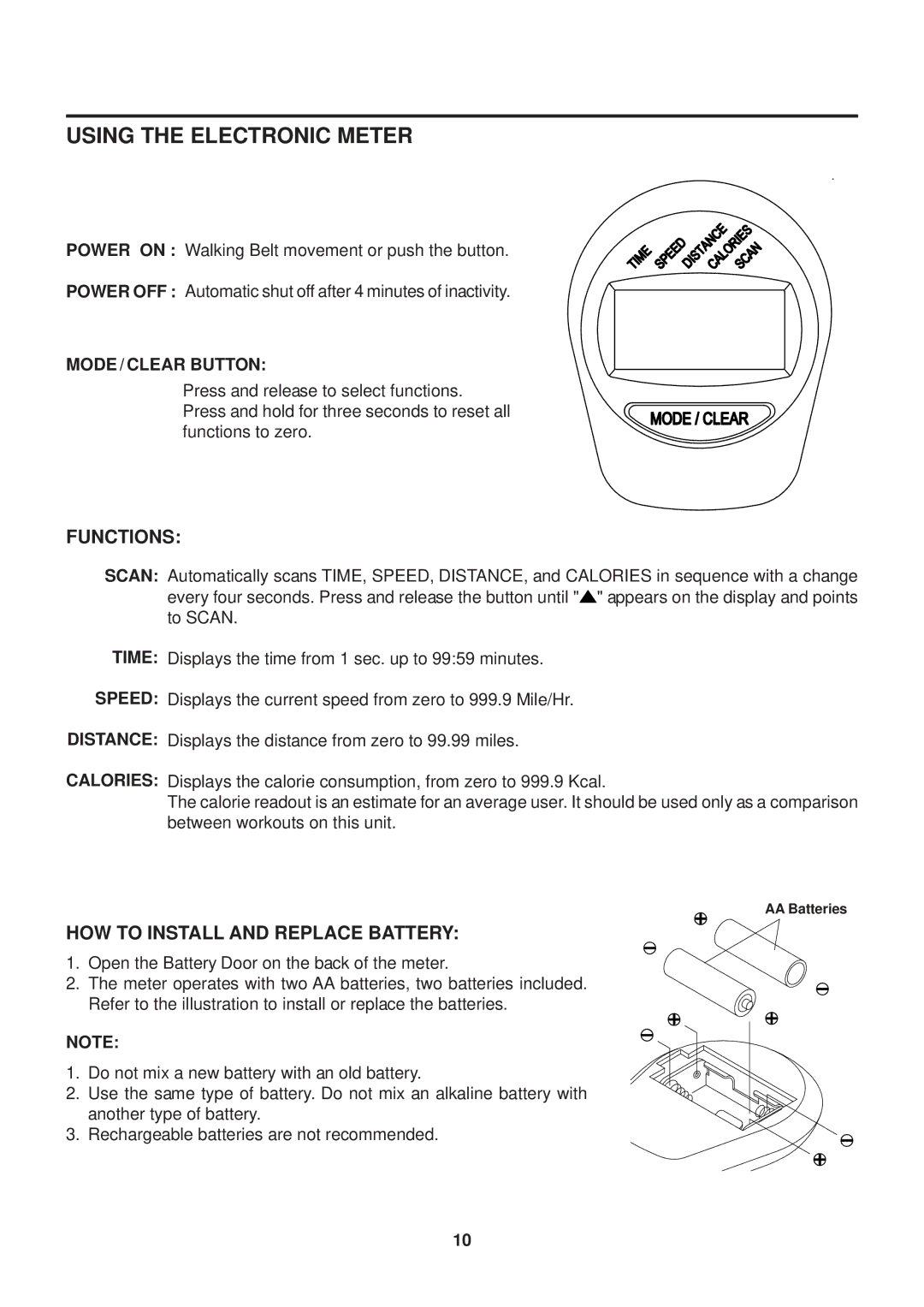 Stamina Products 45-1003 owner manual Using the Electronic Meter, Functions, HOW to Install and Replace Battery 