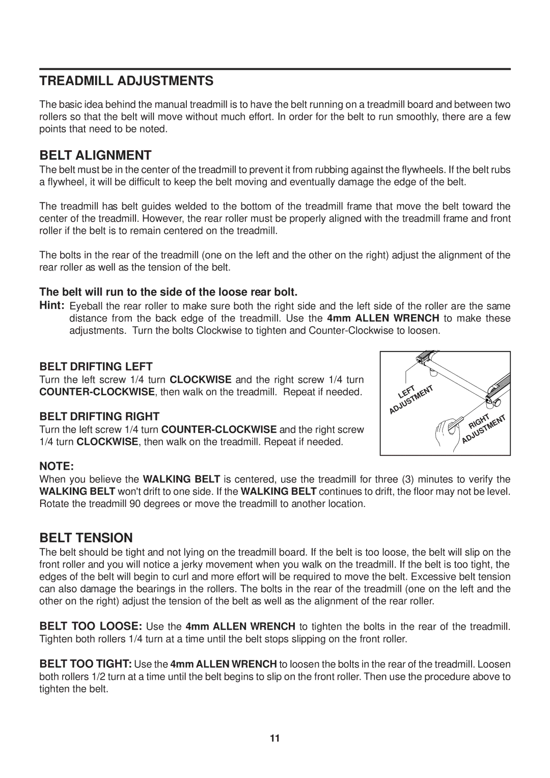 Stamina Products 45-1003 Treadmill Adjustments, Belt Alignment, Belt Tension, Belt Drifting Left, Belt Drifting Right 