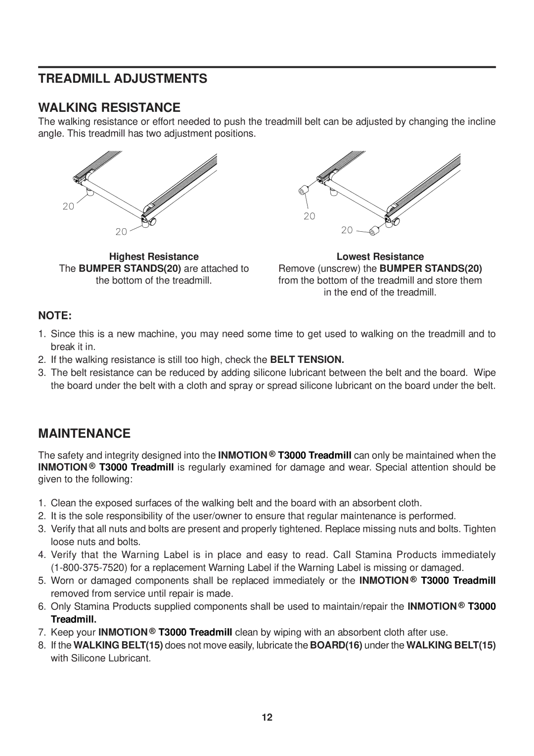 Stamina Products 45-1003 owner manual Treadmill Adjustments Walking Resistance, Maintenance 