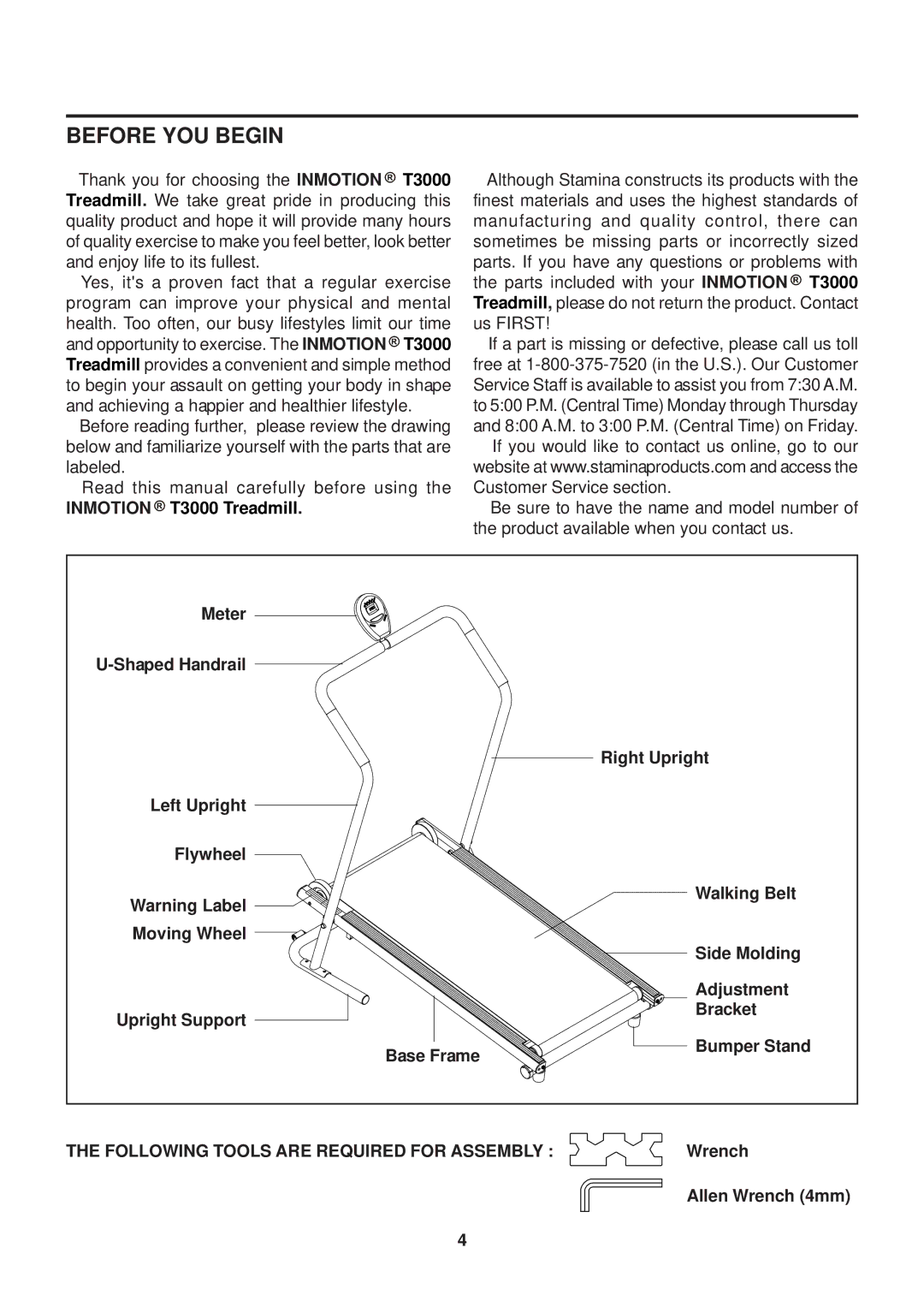 Stamina Products 45-1003 owner manual Before YOU Begin, Inmotion T3000 Treadmill 