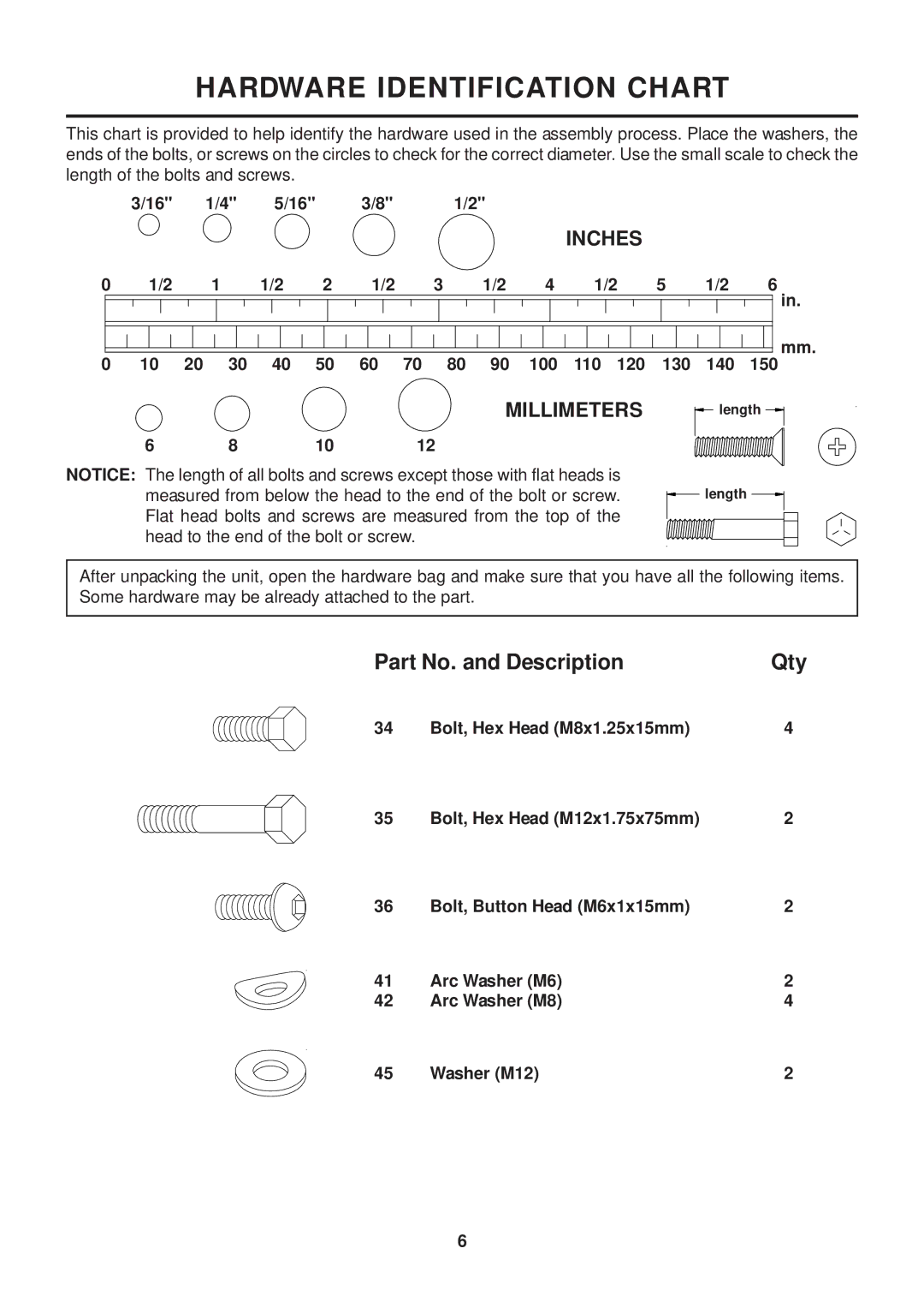 Stamina Products 45-1003 owner manual Hardware Identification Chart, Part No. and Description 