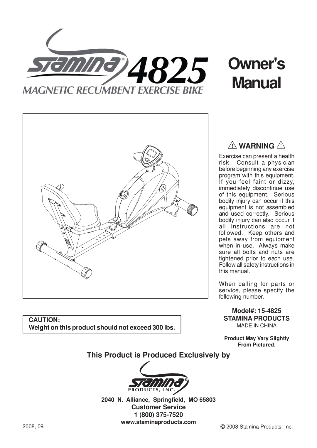 Stamina Products 4825 owner manual This Product is Produced Exclusively by, Stamina Products 