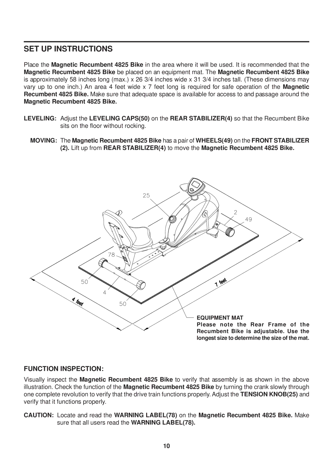 Stamina Products 4825 owner manual SET UP Instructions, Function Inspection 