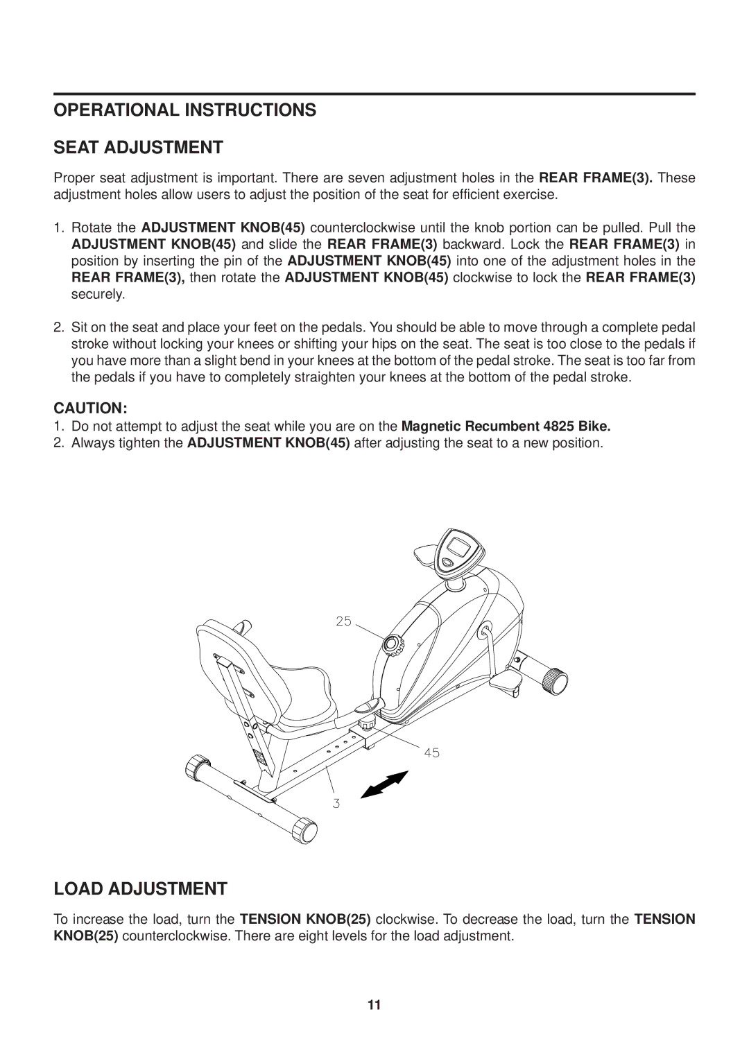 Stamina Products 4825 owner manual Operational Instructions Seat Adjustment, Load Adjustment 