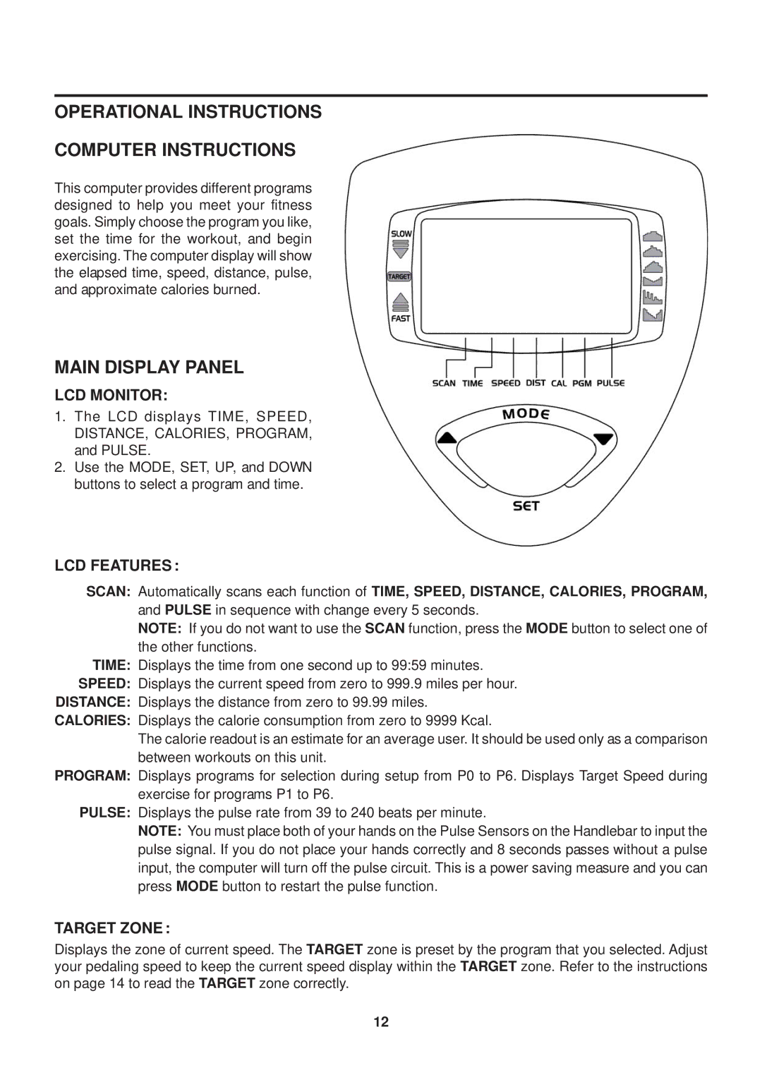 Stamina Products 4825 Operational Instructions Computer Instructions, Main Display Panel, LCD Monitor, LCD Features 