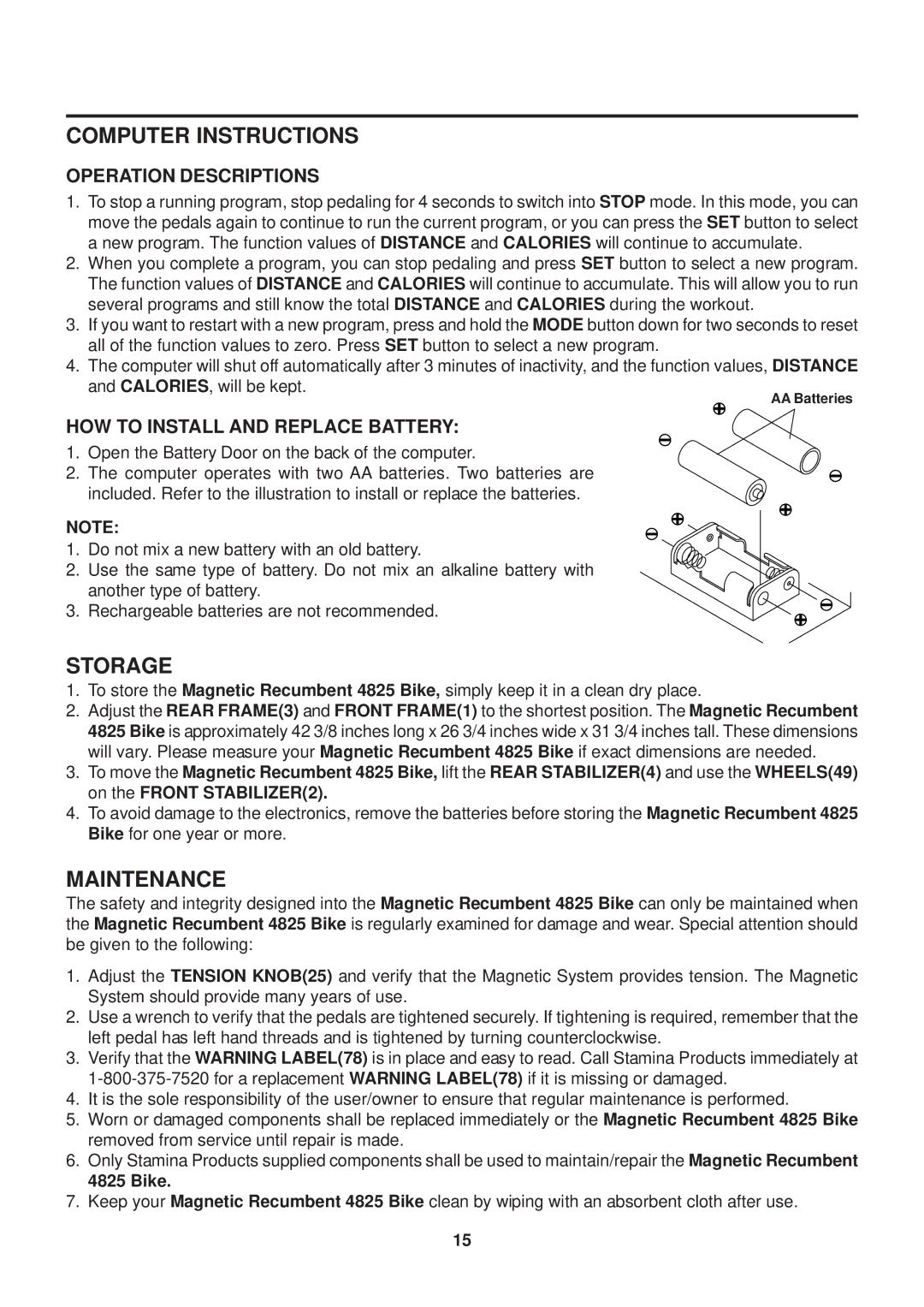 Stamina Products 4825 owner manual Storage, Maintenance, Operation Descriptions, HOW to Install and Replace Battery 