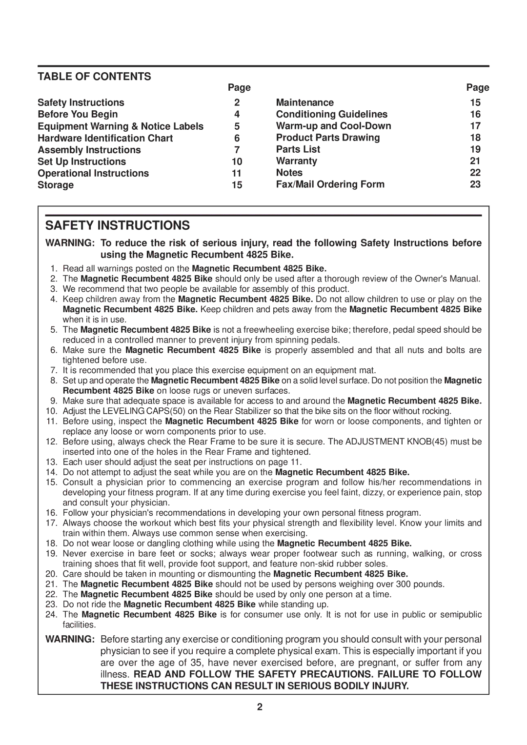 Stamina Products 4825 owner manual Safety Instructions, Table of Contents 