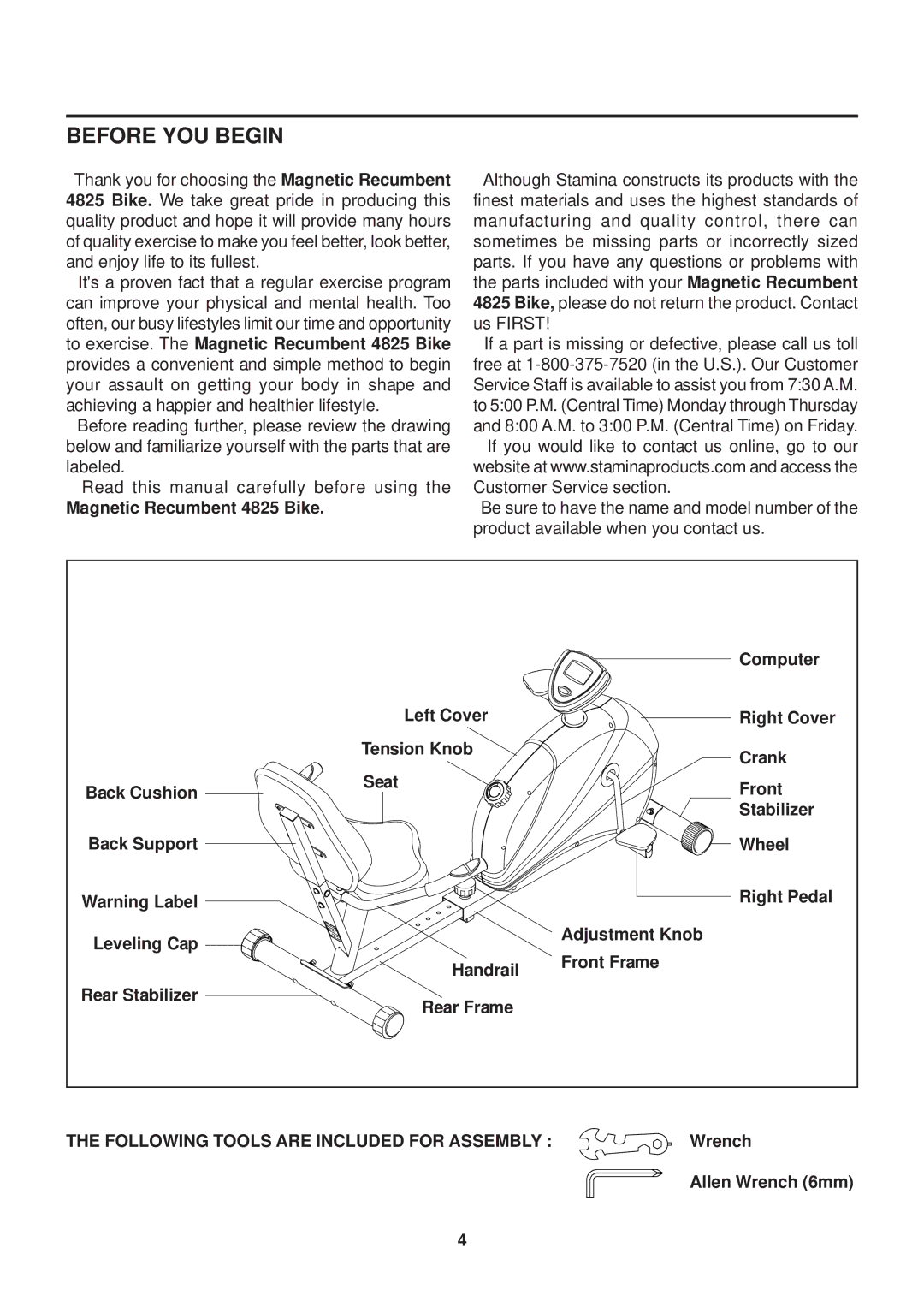 Stamina Products owner manual Before YOU Begin, Magnetic Recumbent 4825 Bike 