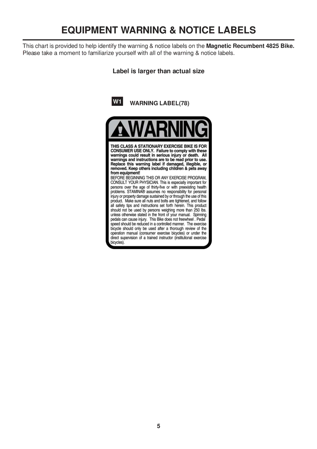 Stamina Products 4825 owner manual Equipment Warning & Notice Labels 