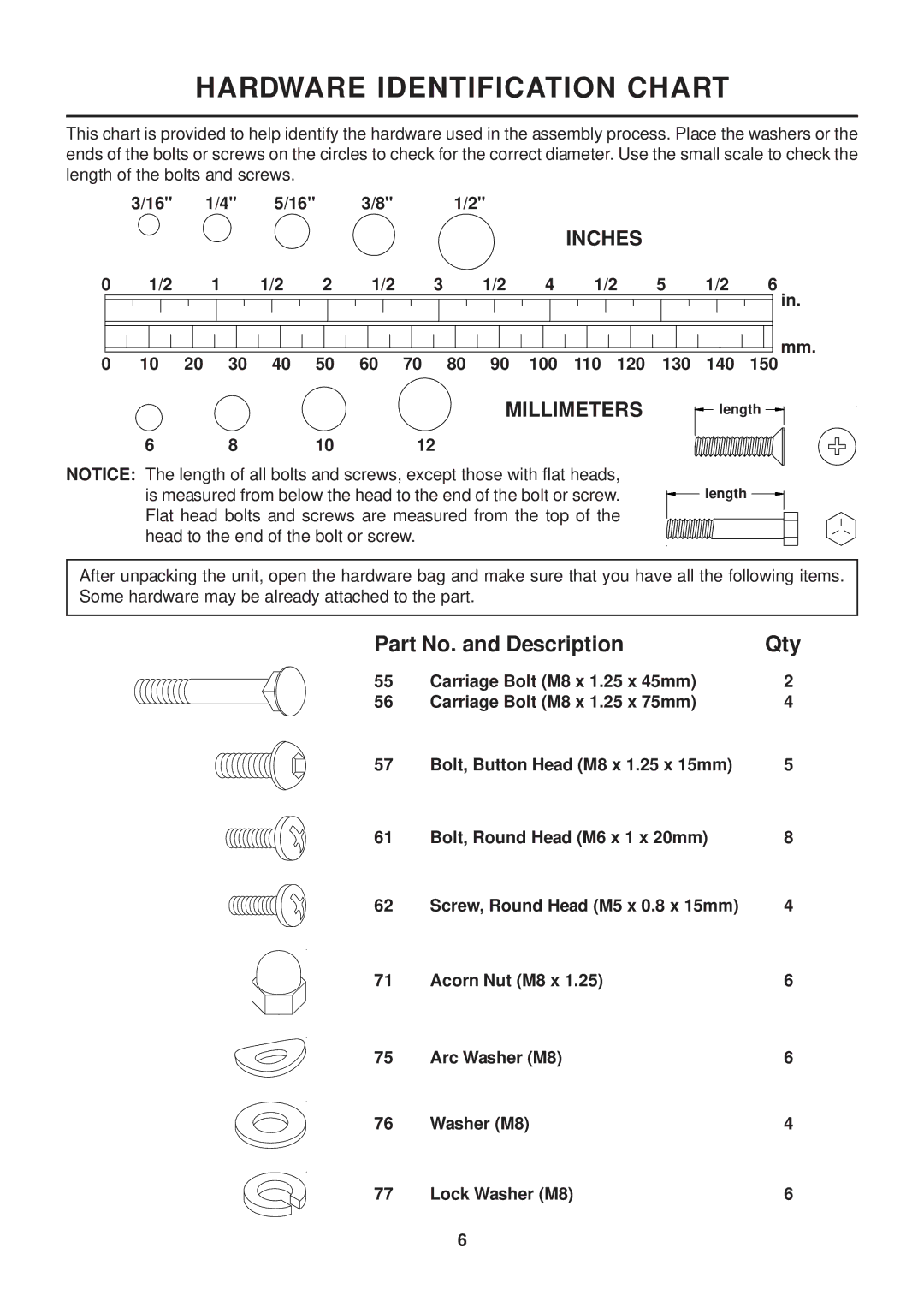 Stamina Products 4825 owner manual Hardware Identification Chart, Part No. and Description Qty 