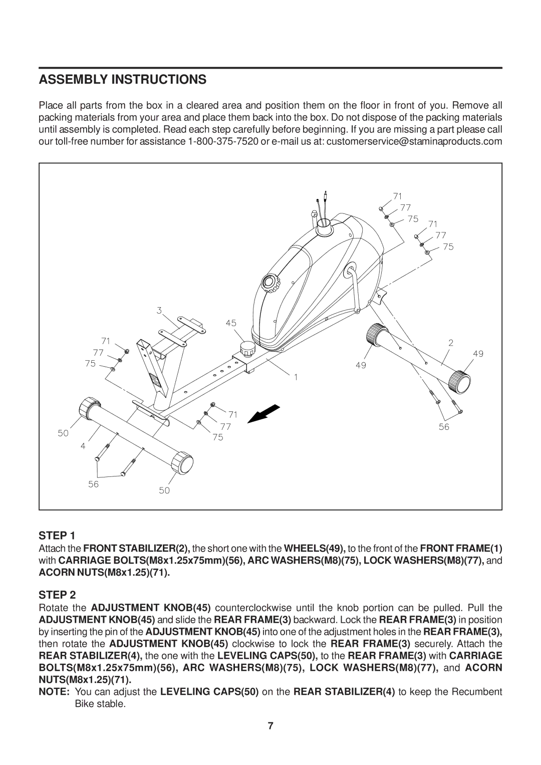 Stamina Products 4825 owner manual Assembly Instructions, Step 