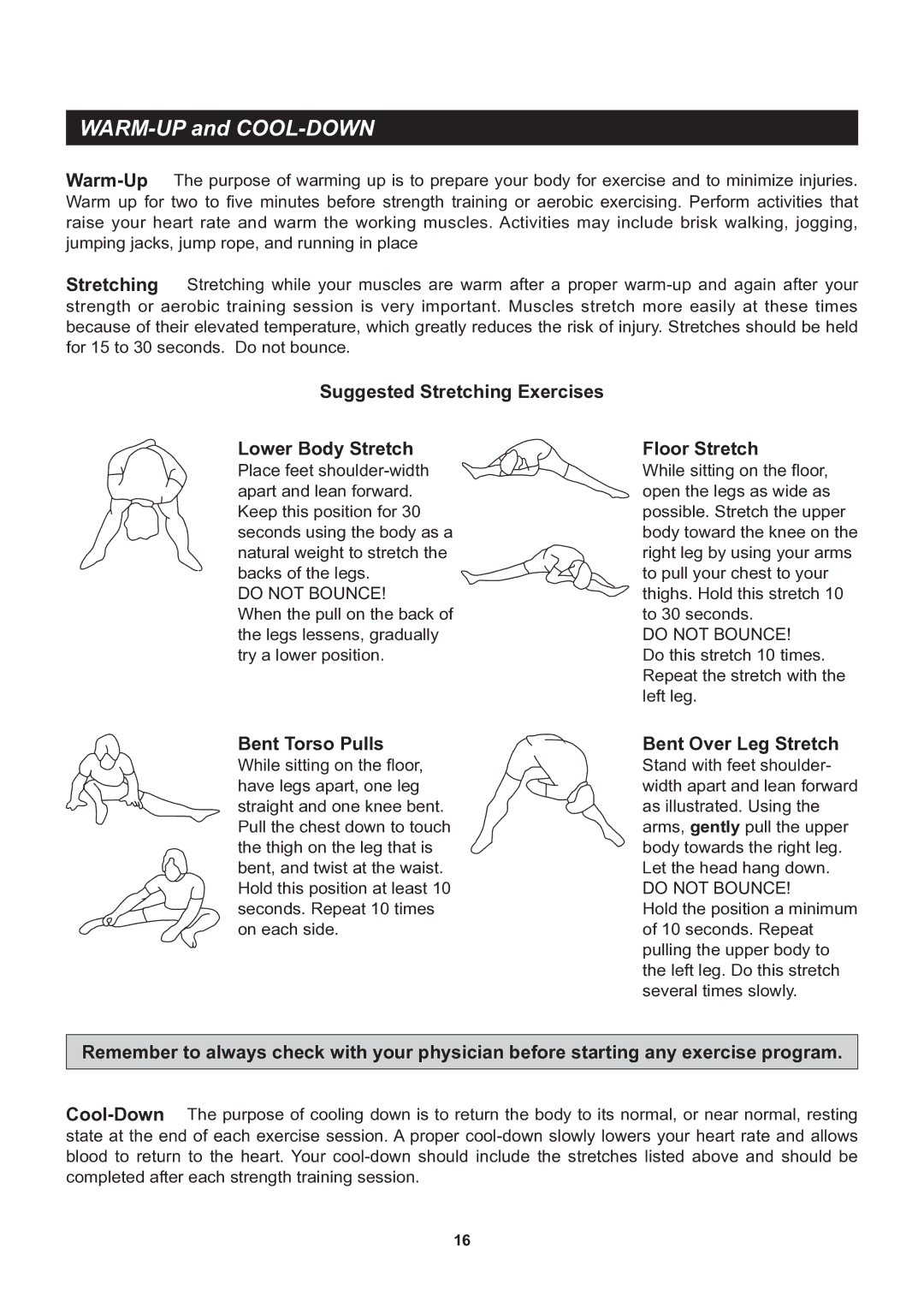 Stamina Products 50-0220 owner manual WARM-UP and COOL-DOWN 