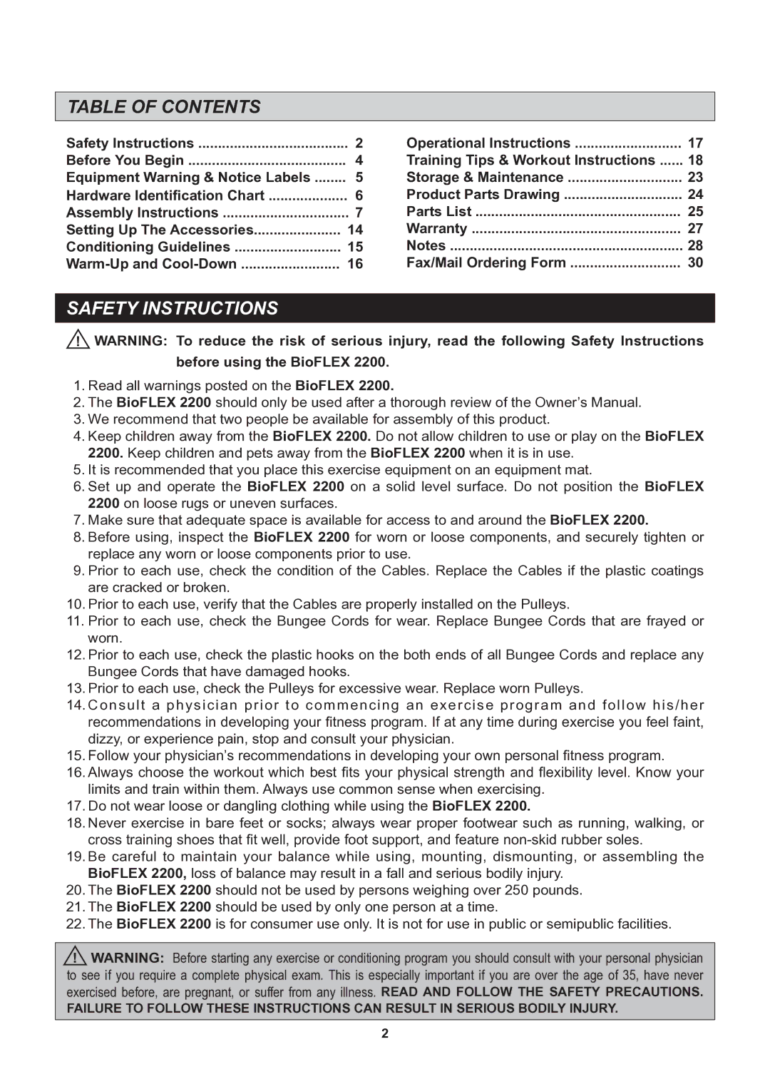 Stamina Products 50-0220 owner manual Table of Contents, Safety Instructions 