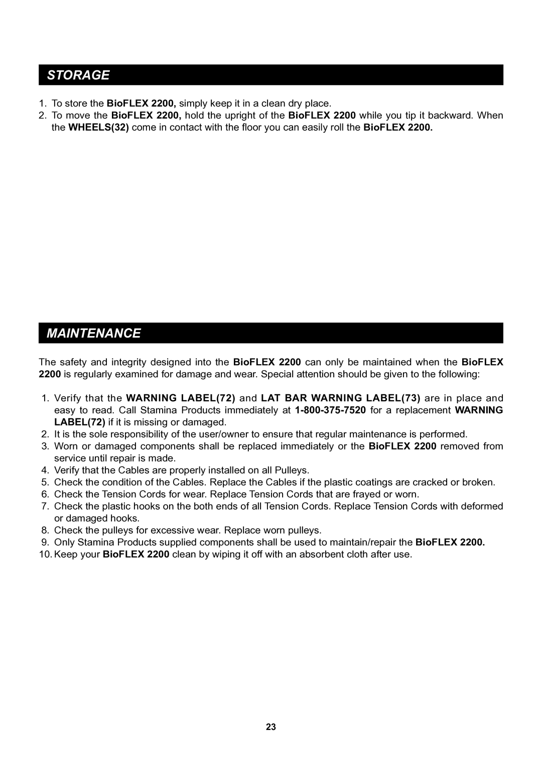 Stamina Products 50-0220 owner manual Storage, Maintenance 