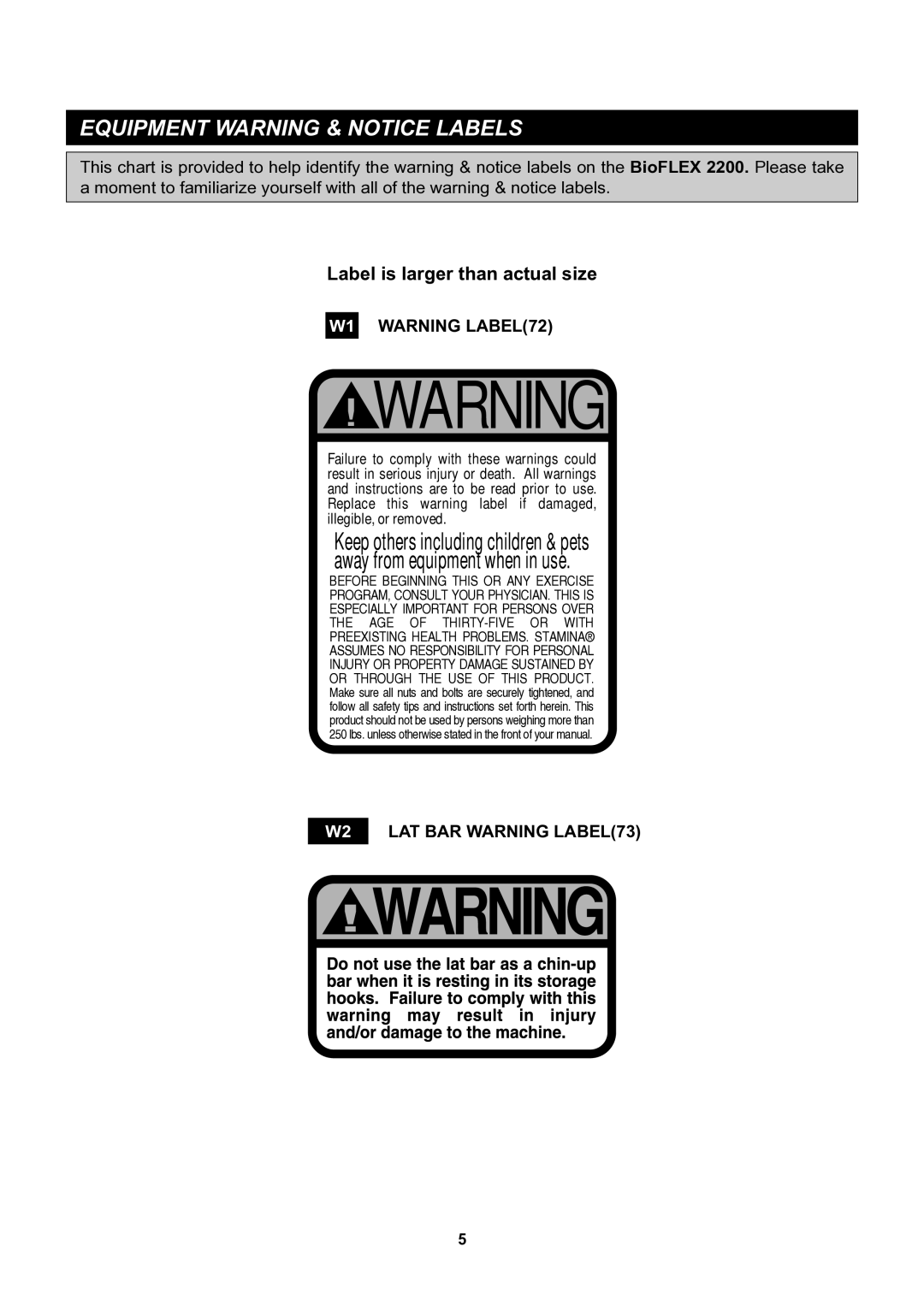 Stamina Products 50-0220 owner manual Equipment Warning & Notice Labels, Label is larger than actual size 