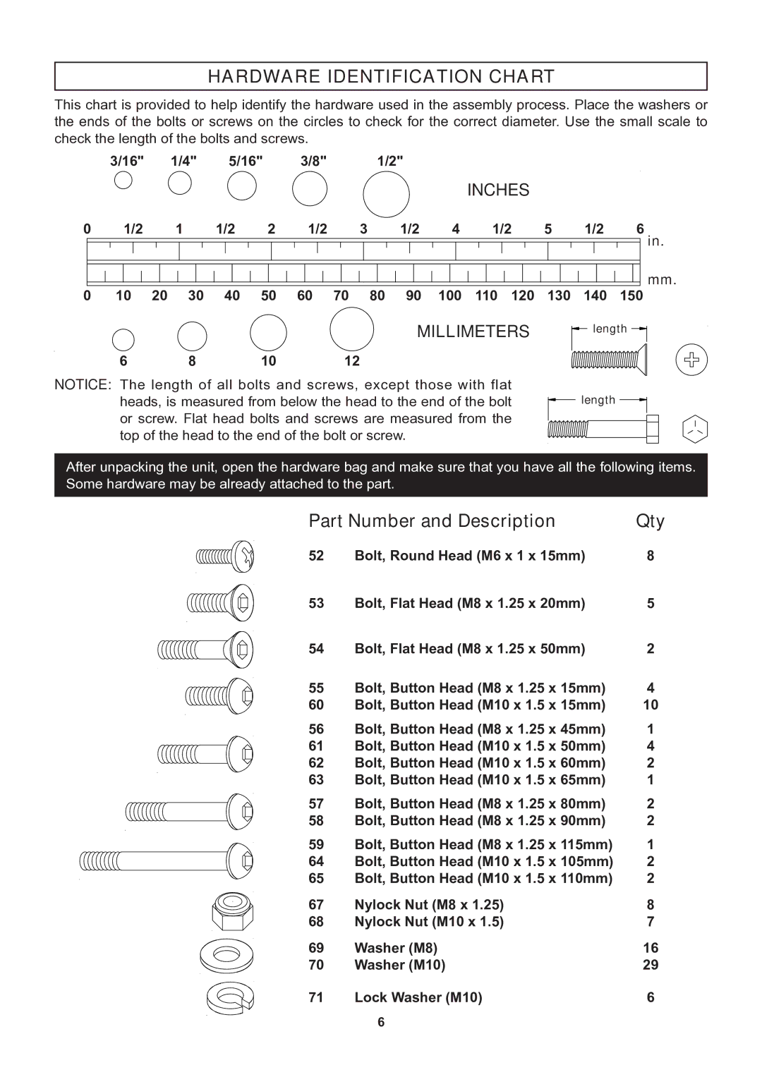 Stamina Products 50-0220 owner manual Hardware Identification Chart 