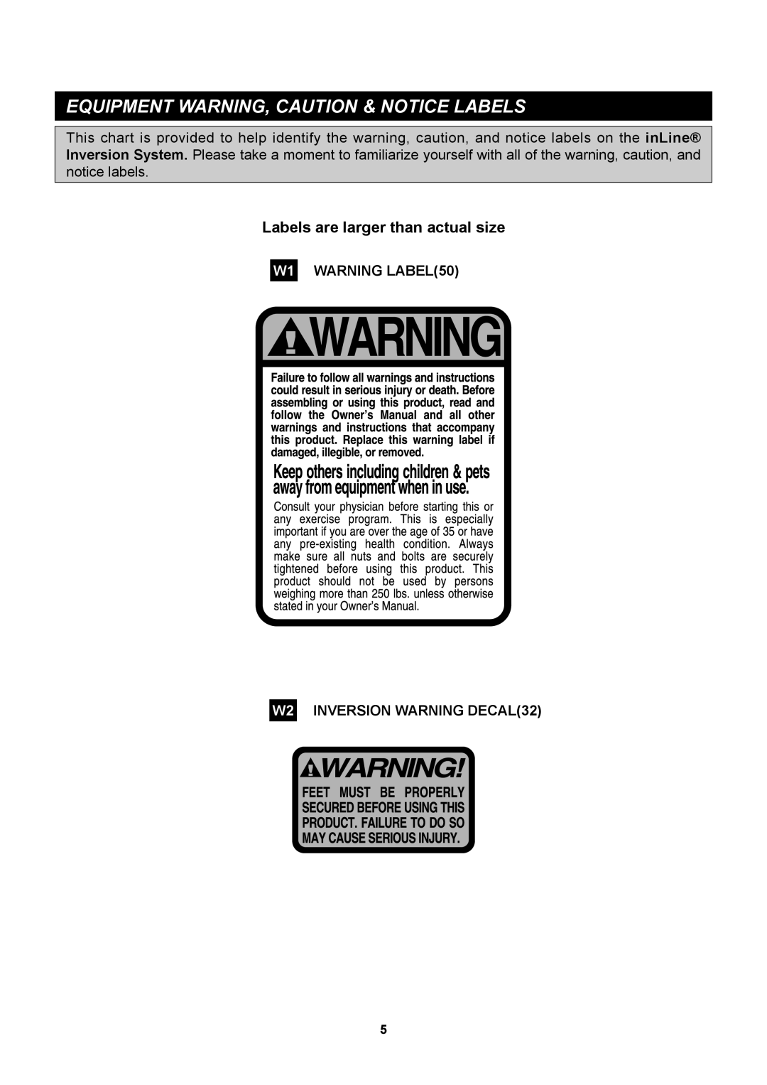 Stamina Products 55-1510 owner manual Equipment WARNING, Caution & Notice Labels 