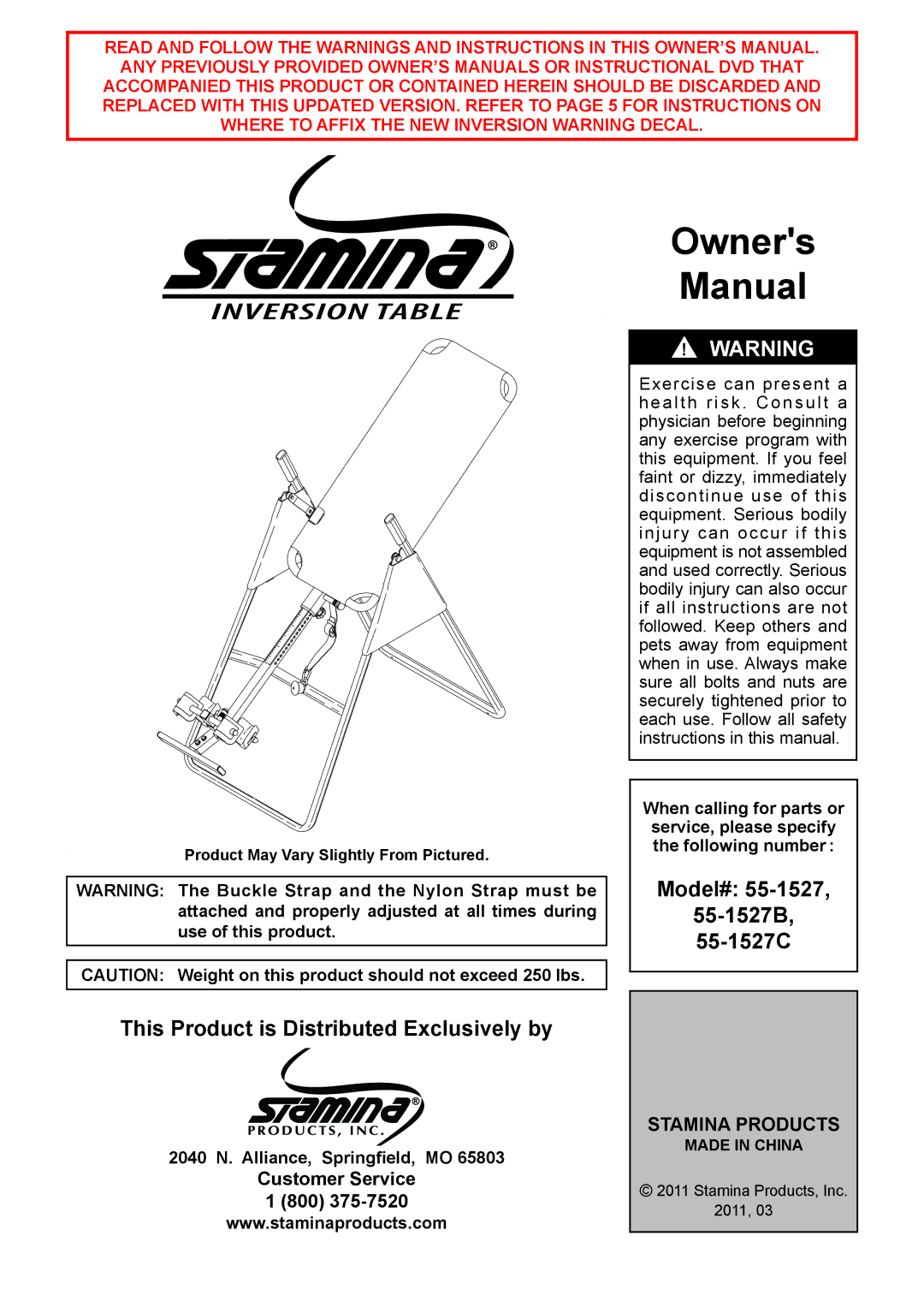 Stamina Products 55-1527B, 55-1527C owner manual Owners Manual 