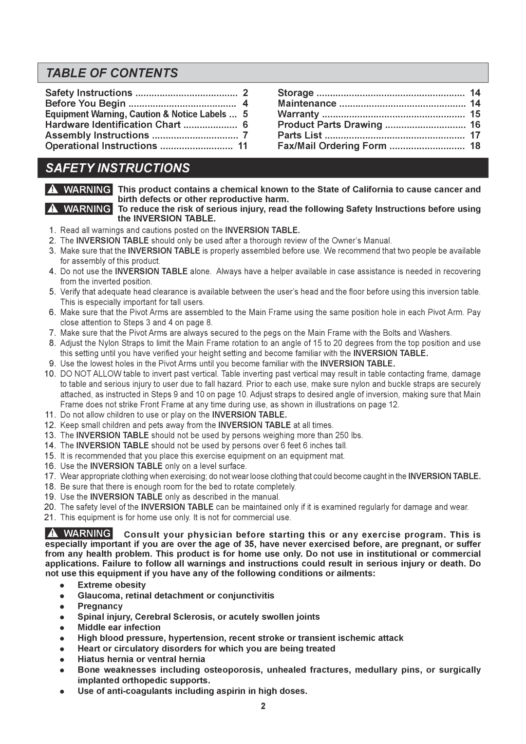 Stamina Products 55-1527C, 55-1527B owner manual Table of Contents, Safety Instructions 