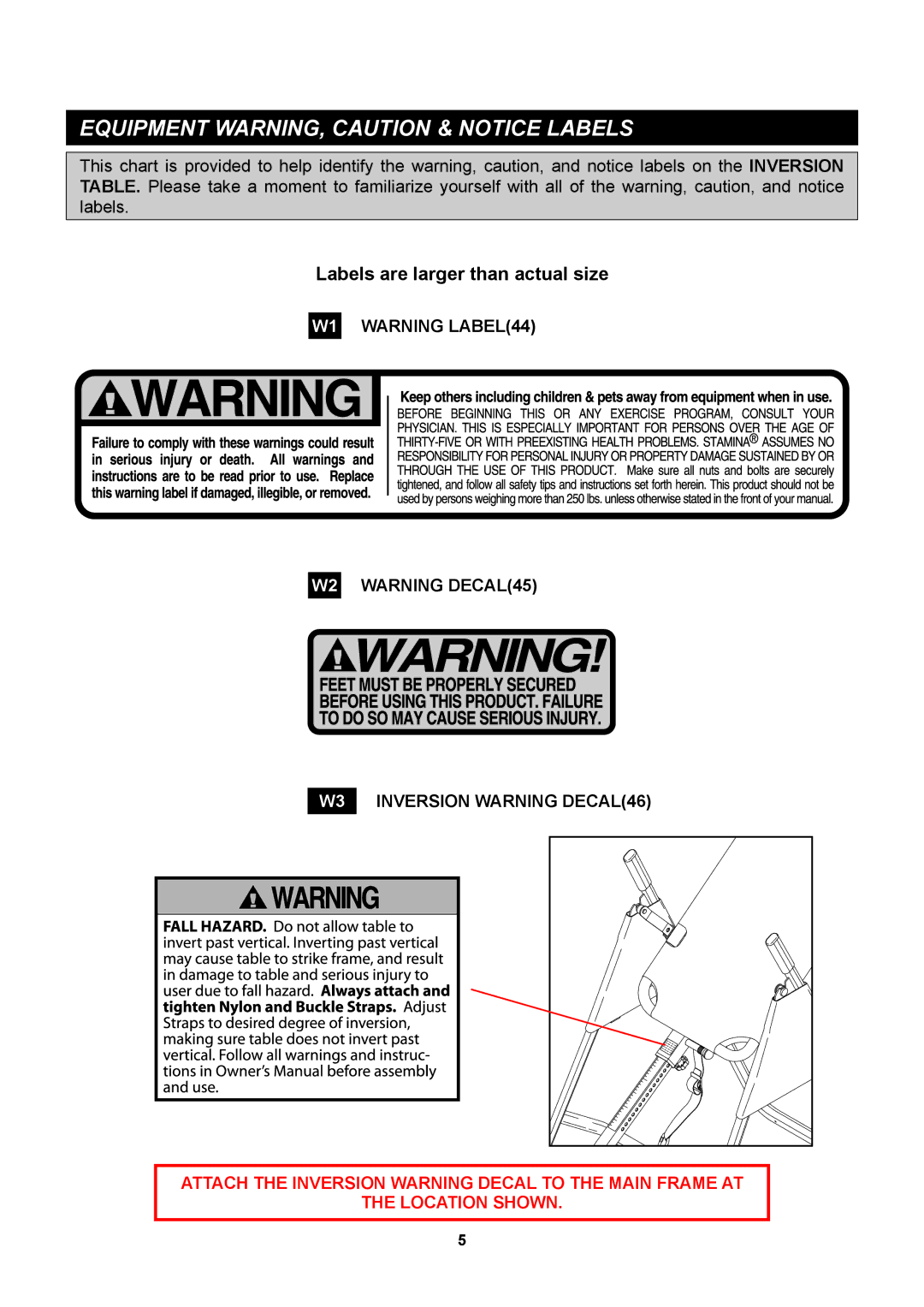 Stamina Products 55-1527C, 55-1527B Equipment WARNING, Caution & Notice Labels, Labels are larger than actual size 