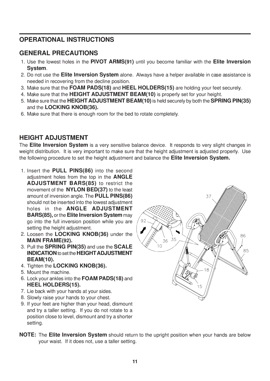 Stamina Products 55-1537C Operational Instructions General Precautions, Height Adjustment, Main FRAME92, Heel HOLDERS15 