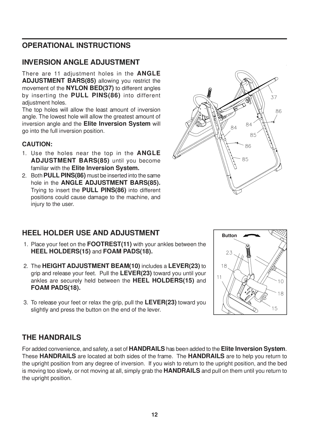 Stamina Products 55-1537C Operational Instructions Inversion Angle Adjustment, Heel Holder USE and Adjustment, Handrails 