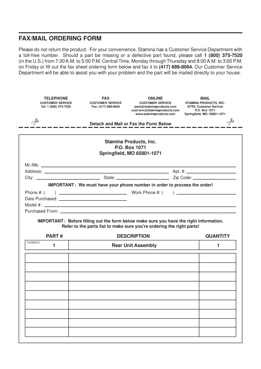 Stamina Products 55-1537C owner manual FAX/MAIL Ordering Form, Telephone FAX Online Mail 