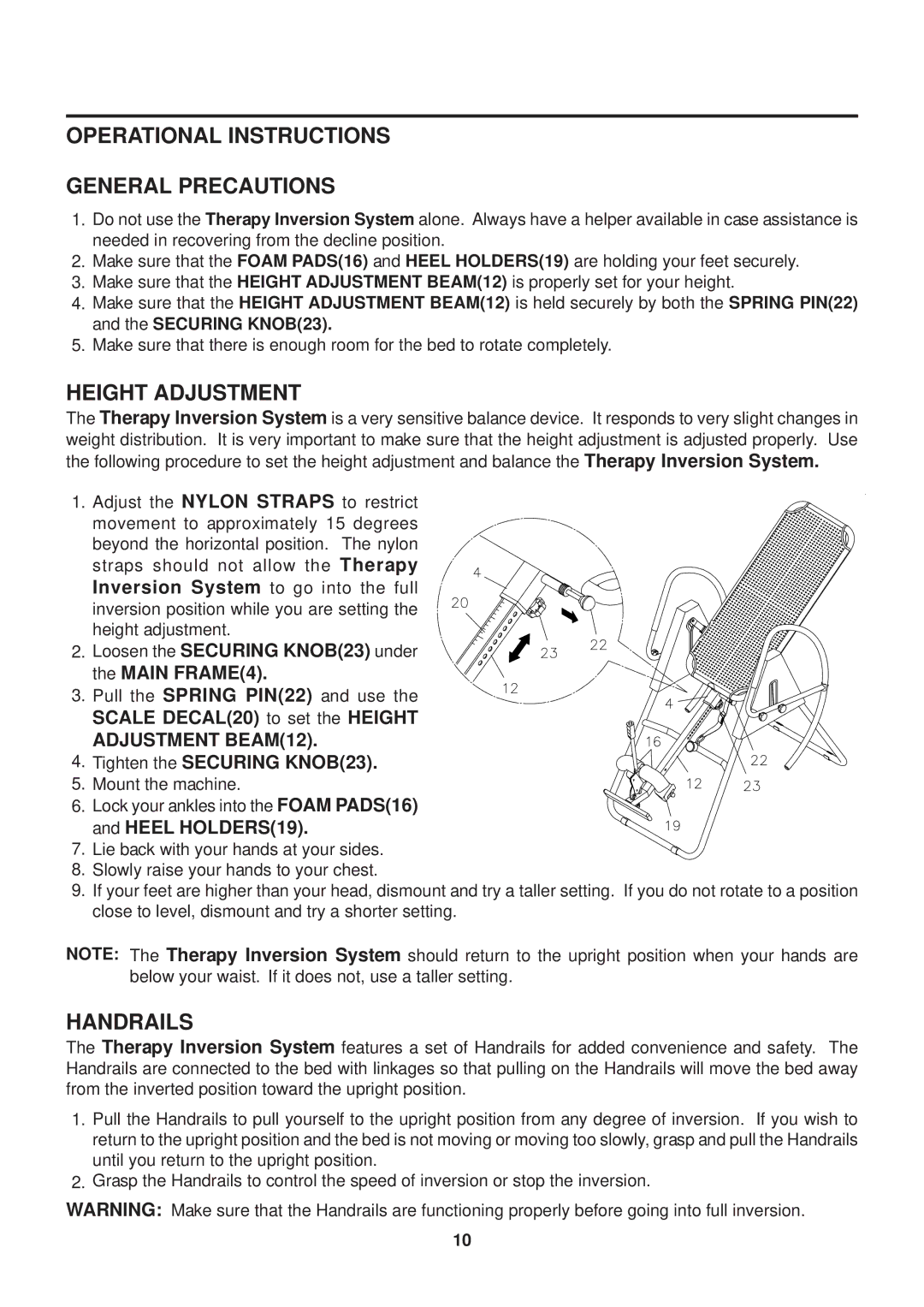 Stamina Products 55-1539 Operational Instructions General Precautions, Height Adjustment, Handrails, Adjustment BEAM12 